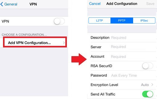 BritishTVAnywhere iOS ->Add VPN Configuration - PPTP 1